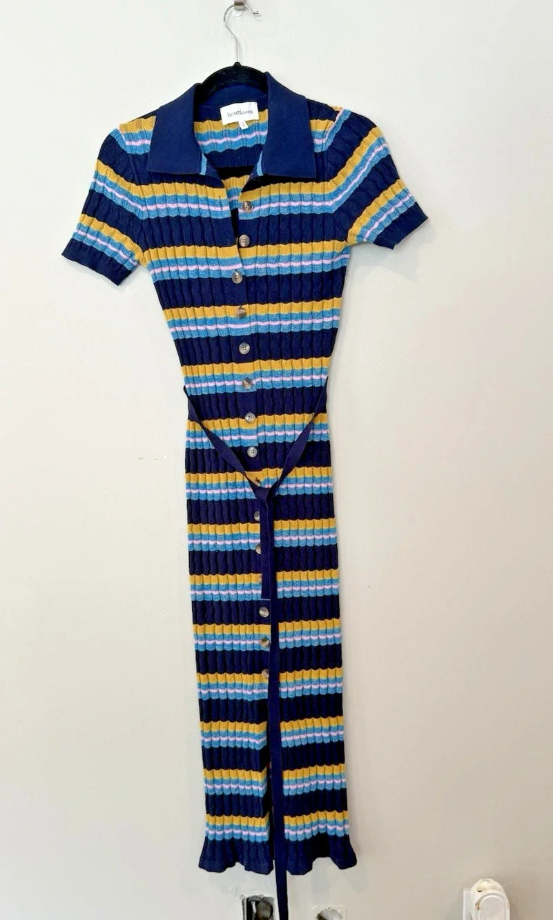 Heartloom Dress Blue Stripe Zigzag Knit Maxi Womens Boho Hippie Size Small - Picture 1 of 10